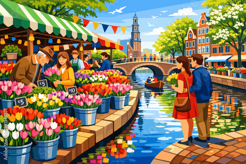 People shop for flowers at a market by the canal in a city during a sunny day with blue skies and colorful buildings