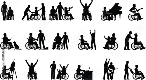 Silhouetted wheelchair users engaging in diverse activities, music, art, technology, celebration, companionship, inclusion, empowerment, creativity, social connection scene