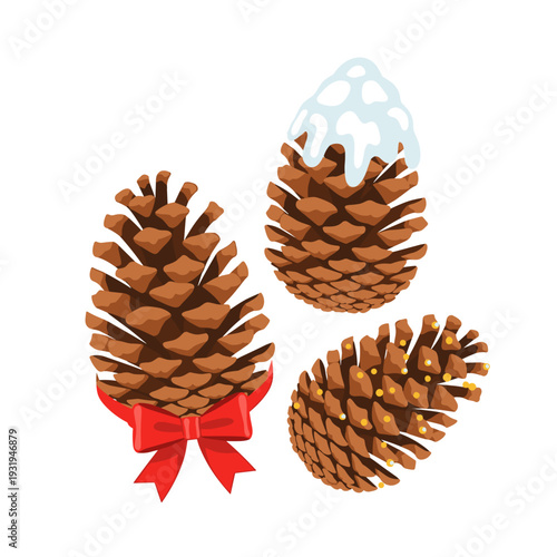 Three pine cones of different sizes, decorated for the holidays (with a small red bow, imitation snow on the tip, gold dots on the scales).