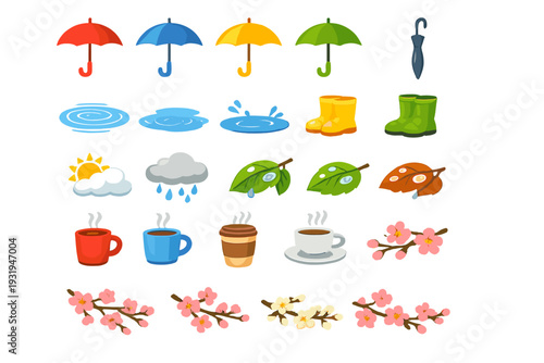 Colorful umbrellas and rainy weather items show activities and objects related to rain, water, and cozy moments during springtime