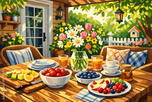Brunch setup on a wooden patio with fruits, drinks, and flowers during a sunny day in a garden