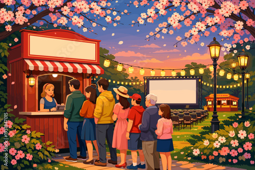 People wait in line at a snack stand during an outdoor movie event in a park at dusk with cherry blossoms blooming all around