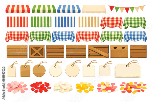 Different types of market stalls, tables, banners, and decorative items arranged for a fair or event setup in a bright scene