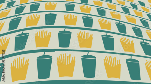 Vibrant pattern of fast food containers on shelves in modern design