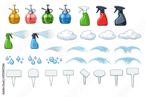 Collection of cleaning tools and symbols showing activities related to cleaning tasks and water usage in a simple graphic format