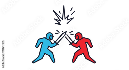 Two figures clash with swords in a stylized minimalist illustration