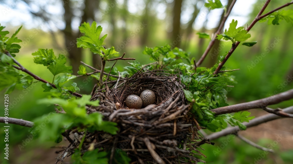 Obraz premium Acorn Nest with Bird Fledglings Amid Shaded Forest During Daylight Hours