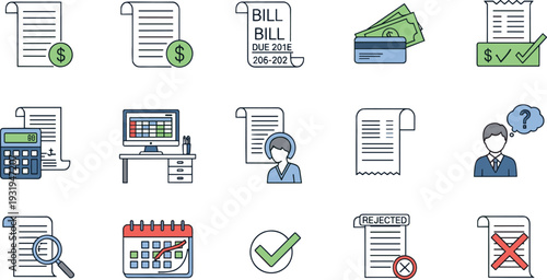 Billing and payment document icon collection featuring invoice, receipt, approval, rejection and financial paperwork symbols in modern business style, flat vector illustration
