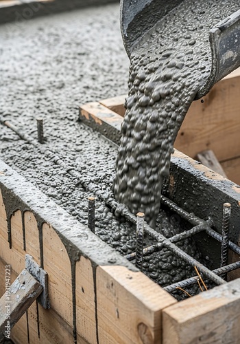 Pouring Concrete into Wooden Form with Rebar Reinforcement Structure