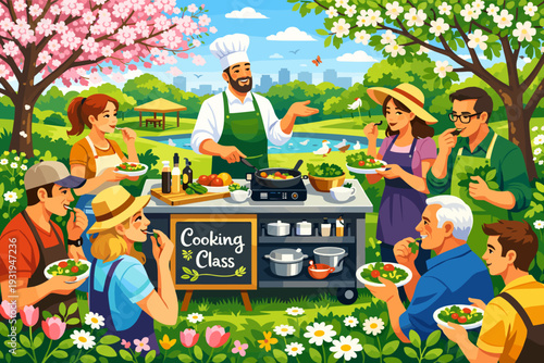 Group of people enjoy cooking class outdoors in a park with trees and flowers during a sunny day in spring