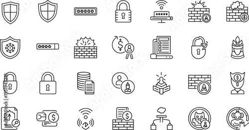 Cybersecurity and data protection outline icon collection featuring shield, lock, firewall, encryption and privacy security symbols in modern line style, flat vector illustration