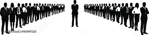 Silhouettes of business people in formal attire standing in two lines with leader in center symbolizing authority, hierarchy, and leadership.
