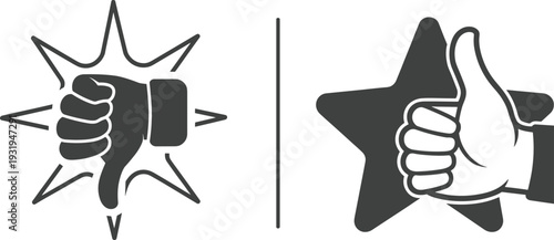 Thumbs up and thumbs down vector illustration, bold feedback design with approval and disapproval gestures, rating motifs, and lifestyle elements