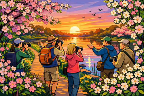 Group of people taking pictures during sunset by a lake with blooming flowers