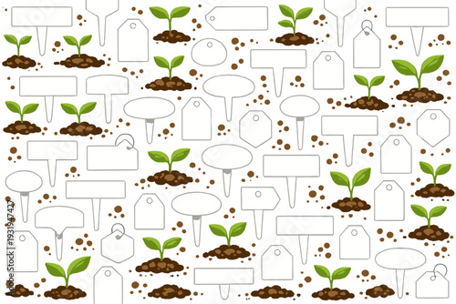 Patterns of small plants and blank tags on white background for gardening projects