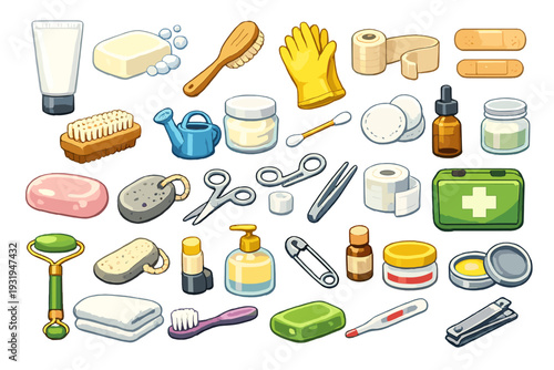 Collection of hygiene and first aid items arranged neatly on a white surface