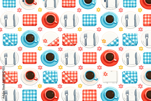 Colorful pattern of cups and plates with utensils on a tablecloth design