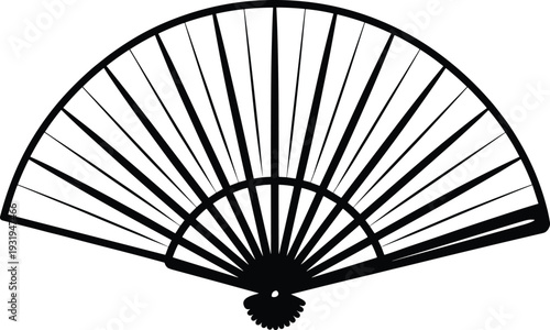 Traditional folding fan silhouette icon with semi-circular ribs and cultural decorative theme - black vector illustration set