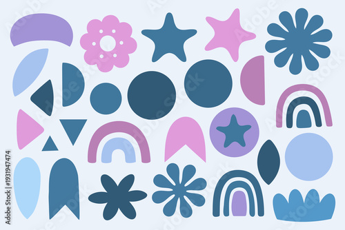 Colorful pastel shapes and symbols in blue and pink hues
