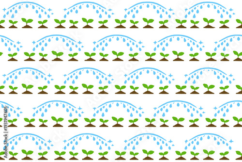 Sprouts grow under water droplets in a garden scene with simple patterns during daytime