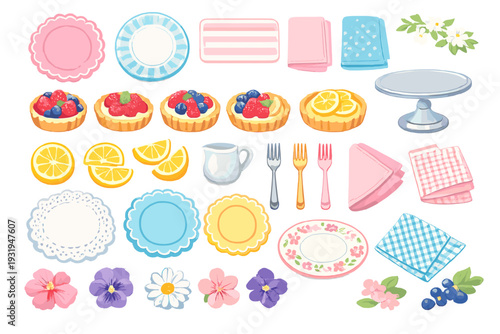 Colorful dessert items and tableware arranged on a flat surface with fruit tarts and plates