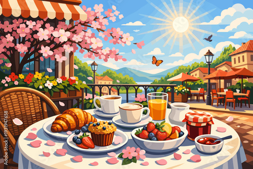 Breakfast on a sunny terrace with flowers and nature in the background near a calm lake and mountains