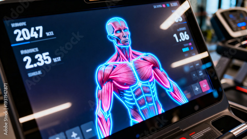 Neon-lit treadmill console showing human torso anatomy and workout metrics, modern gym tech environment