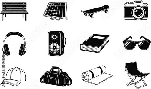 Black and White Everyday Lifestyle Icons Collection with Camera, Skateboard, Headphones, Solar Panel, Book and Modern Accessories Vector Illustration Set