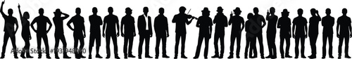 Silhouettes of diverse people standing in row with varied poses, clothing, and accessories symbolizing individuality, diversity, and human expression.