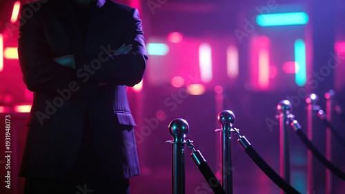 Silhouette of security guard standing arms crossed at velvet rope entrance with vibrant neon lights in nightclub