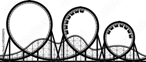 Black and white roller coaster silhouette with multiple loops isolated on white background, amusement park vector illustration design theme park ride graphic