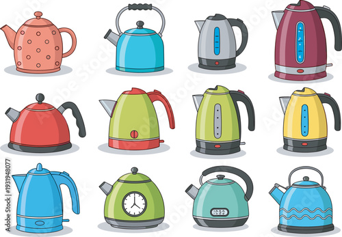 WebCollection of twelve illustrated kettles in diverse designs, colors, and styles, symbolizing kitchenware, cooking appliances, tea preparation, culinary tools, and modern household product 