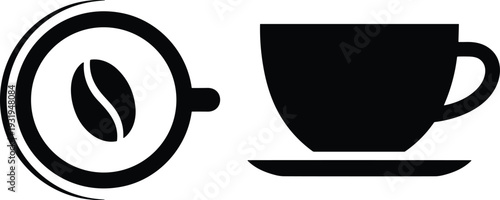 Minimal black coffee cup and saucer icon with coffee bean symbol, flat vector silhouette illustration isolated on white background, modern cafe logo design concept