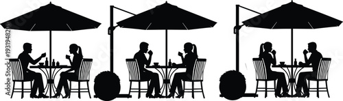Black and white silhouette of couples dining at outdoor cafe terrace with umbrellas, romantic restaurant scene vector illustration design