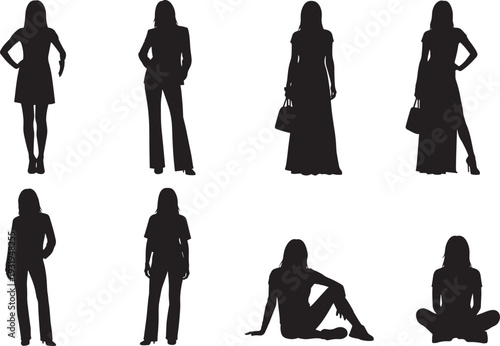 Eight diverse human silhouettes in standing and seated poses, casual and formal clothing styles with dresses, pantsuits, and handbags, isolated black figures for fashion design illustration