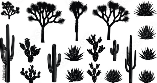 Black desert plants silhouette set with saguaro cactus joshua trees agave and prickly pear isolated on white background for western landscape.