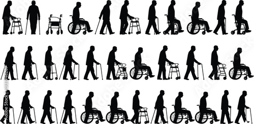 Silhouettes of elderly people using canes, walkers, and wheelchairs showing mobility, support, independence, aging, healthcare, and assistive lifestyle.