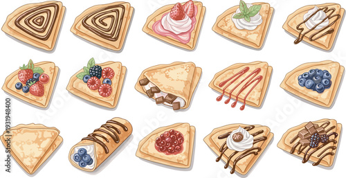 Illustration of assorted crepes with diverse toppings and fillings, including fruit, chocolate, and cream, symbolizing culinary art, dessert variety, sweet food design, and gourmet presentation.