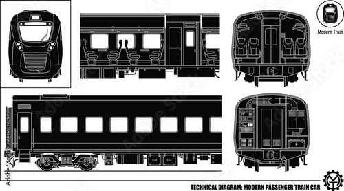 Modern passenger train technical diagram with front, side and interior views, detailed railway carriage blueprint vector illustration isolated on white background