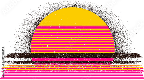 Graphic artwork of a stylized sunset with retro aesthetic, features bright colors and horizontal lines