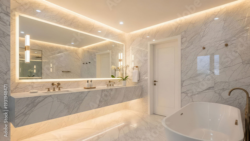 Luxurious modern bathroom interior with marble walls double sink and freestanding tub illuminated by warm led lights and recessed ceiling lighting