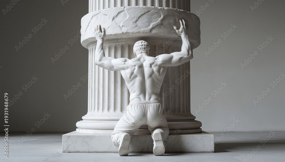 Fototapeta premium A muscular man kneels in front of a large column. The man appears to be struggling against the weight of the column in a moment of intense effort.