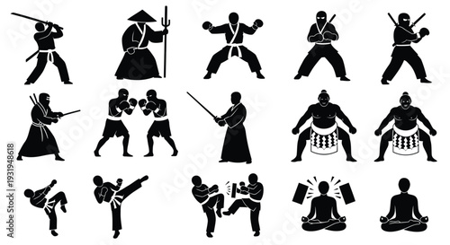 Diverse collection of martial arts black silhouette icons representing various combat sports and disciplines