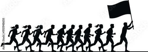 Silhouettes of people running together with leader holding flag symbolizing teamwork, leadership, unity, activism, rally, and collective movement.