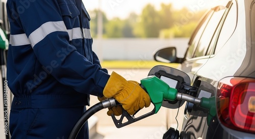 Attendant in uniform and gloves fueling a dark car at a gas station with a bright sunlit background and warm golden