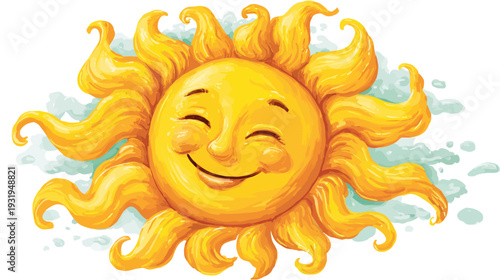 A smiling sun with golden rays and a happy face, surrounded by light clouds