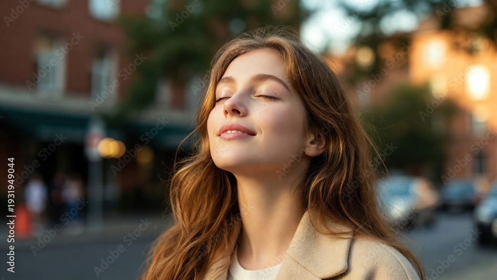 Fototapeta premium Serene young woman with closed eyes basking in warm golden hour sunlight on a city street feeling peaceful and content