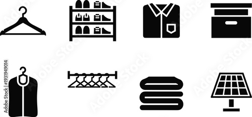 Clothing and fashion icons set, black silhouette wardrobe symbols including hanger, shirt, shoes, folded clothes and retail storage elements