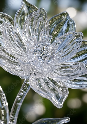 Transparent crystal flower close-up with blurred background shining light