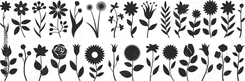 Floral silhouette vector illustration set, decorative botanical design with diverse flower shapes, ornamental motifs, lifestyle patterns, and artistic elements